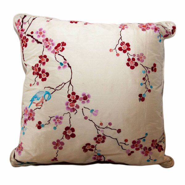 Silk Cherry Blossom Red & Pink Embroidered Cushion