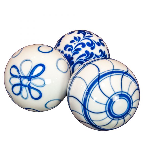Set of Three Blue and White Patterned Ceramic Balls - Various