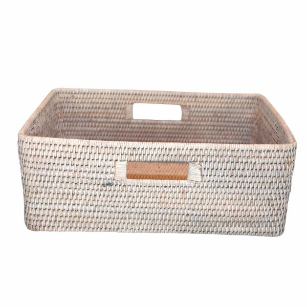 White Handwoven Rattan Rectangular Basket with Handles