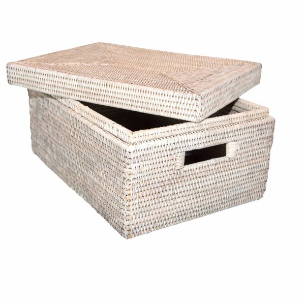 White Handwoven Rattan Rectangular Basket with Lid