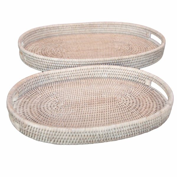 Set of Two White Handwoven Rattan Oval Trays