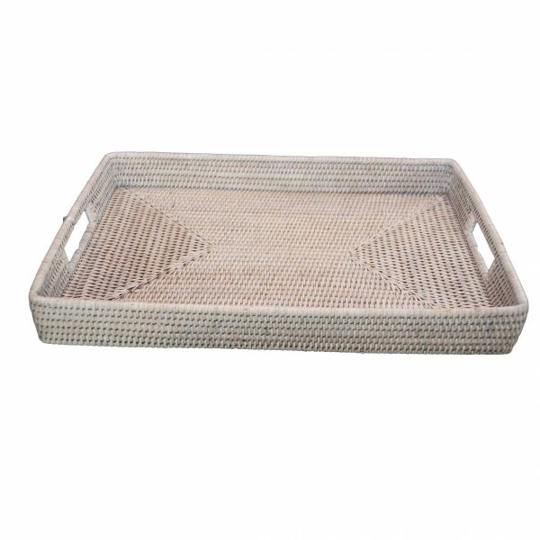 White Handwoven Rattan Rectangular Tray