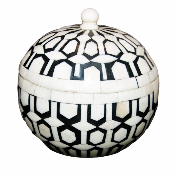 Small Round Black and White Bone Box with Lid