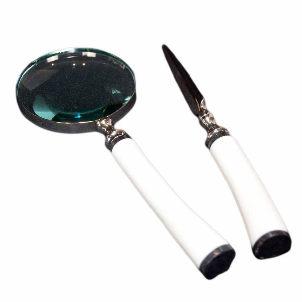 White Bone Handled Magnigying Glass & Letter Opener Set